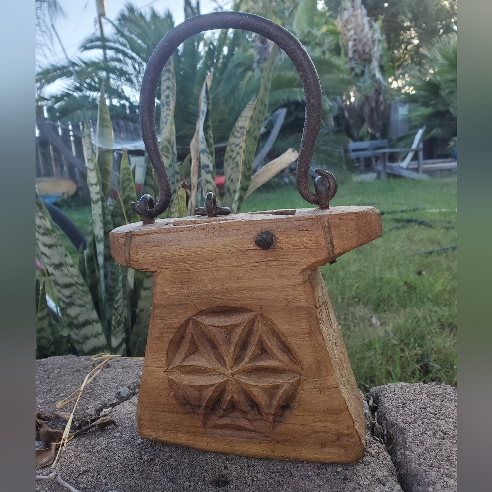 Vintage Indian Wooden Oil Pot with Wrought Iron Handle